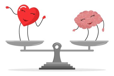 Emotional Quotient and Intelligence. Heart and Brain concept. Conflict between emotions and rational thinking. Vector illustration.