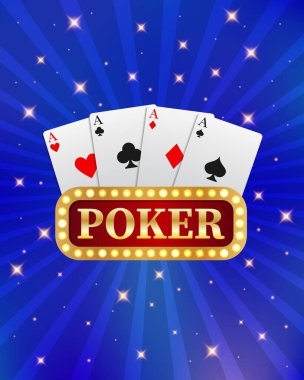 Poker turnuvası, kart ve fiş pankartı. Kumarhane. Broşür, poster ya da reklam olarak kullanılabilir. Mavi arkaplanda vektör illüstrasyonu.
