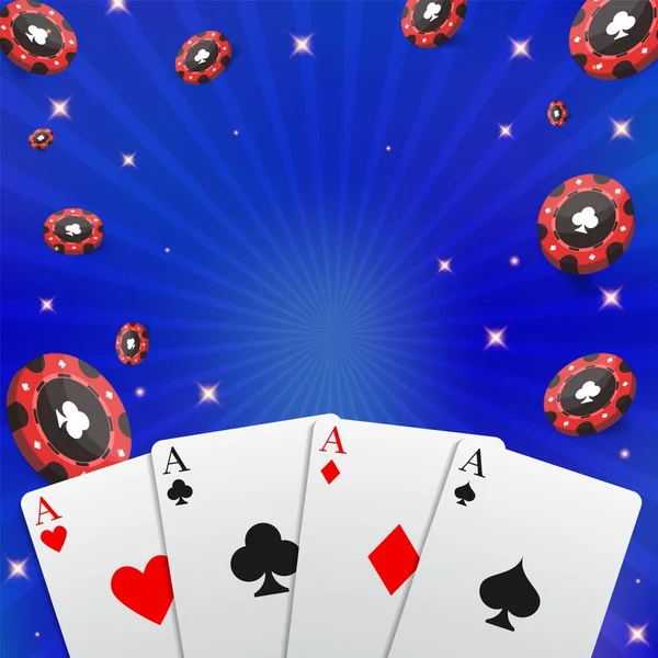 扑克锦标赛 卡片和芯片横幅 卡西诺可用作传单 海报或广告 蓝色背景上的矢量图解 — 图库矢量图片