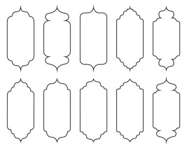 Doğu tarzı İslami pencere ve kemerlerin modern boho tasarımlı koleksiyonu. Lineart tarzı. Vektör illüstrasyonu