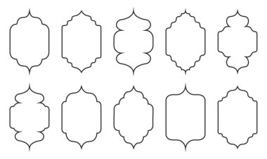 Doğu tarzı İslami pencere ve kemerlerin modern boho tasarımlı koleksiyonu. Düzenlenebilir felç. Vektör illüstrasyonu