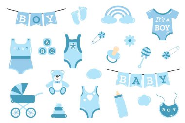 Yakışıklı çocuklar için bebek partisi koleksiyonu. Doğum günü için mükemmel, çocuk partisi, kıyafet baskıları, tebrik kartları..