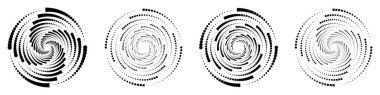 Noktalı spiral çizgilerle şekillendirilmiş bir daire şeklinde soyut geometrik tasarım. Radyal yarım ton dönme formu. Posterler, afişler, logolar, ikonlar, sunumlar ve kitapçıklar için. Vektör