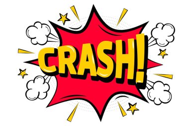 Crash - Çizgi roman, ses efekti, beyaz arkaplanda izole edilmiş çizgi film ifadesi. Retro pop sanat tarzı. Vektör illüstrasyonu.