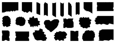 Yırtık kenarlı siyah kağıt parçaları farklı şekiller oluşturuyor, projeleriniz için harika tasarım elementleri..