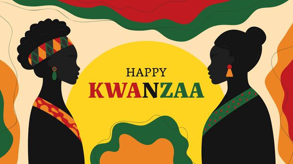 Две черные женщины празднуют Кванзу на фоне всеафриканского флага.