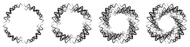 Soyut geometrik tasarım spiral çizgilerle daire şeklinde. Radyal dönüş şekli. Dört adet siyah ve beyaz dairesel dalgalı çizgili çizgi çerçevesi..