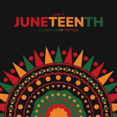 Kırmızı, yeşil, altın ve siyah renkli canlı ve şenlikli soyut süslemelerle dolu Haziran kutlamaları afişi.