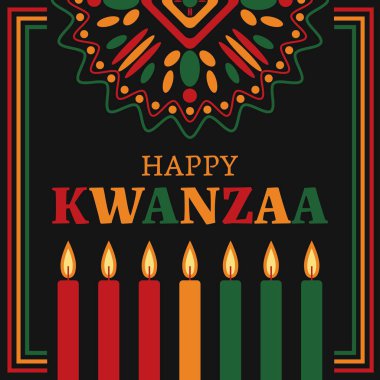 Yıllık bayramı kutlayan soyut süslemeli mutlu Kwanzaa afişleri. Vektör illüstrasyonu.