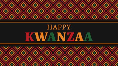 Afrika hasat festivalini kutlayan renkli geometrik şablonlar ve mutlu kwanzaa kutlamalarıyla siyah arkaplan. Vektör illüstrasyonu.