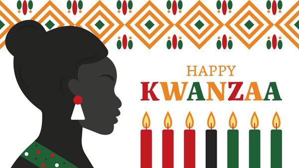 Красивая черная женщина празднует Кванзу с традиционным африканским узором. Векторная иллюстрация.
