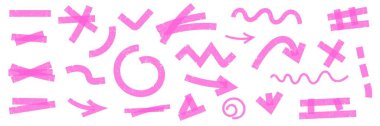 Pink highlight marker vector set with strokes, lines and doodles. Sketchy style checks, emphasis notes, and arrows. clipart