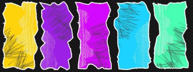 Yarım ton desenli ve karalamalı tahıllı kağıt parçaları. Soyut kesilmiş defter şekilleri. Vektör vintage kağıt ögesi.