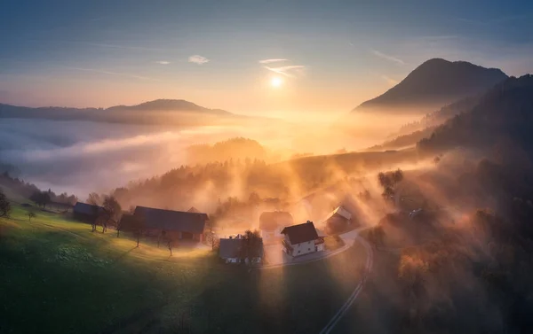 スロベニアの秋に日の出にオレンジ色の低雲の中に山の村の空中ビュー 緑の牧草地 秋の黄金の夜明けに空の丘の上の美しい家のトップビュー カラフルな風景 — ストック写真