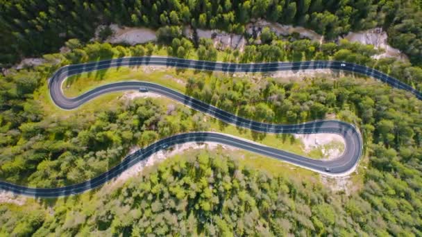 Aerial View Winding Road Cars Sunny Day Summer Dolomites Italy — Stock Video