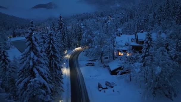 Aerial View Mountain Road Fairy Forest Snow Night Winter Top — Stok video