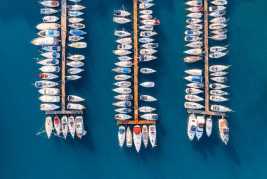 Aerial view of boats and luxure yachts in dock at sunset in summer in Pula, Croatia. Colorful landscape with sailboats and motorboats in sea bay, jatty, clear blue sea. Drone view of harbor. Travel