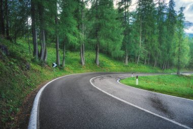 Yağmurlu yaz gününde yeşil ormanda yol. Dolomitler, İtalya. Güzel dağ yolu, kadın, çimen, yüksek kayalar, bulutlu mavi gökyüzü. Baharda ormanın içinden geçen boş otobanlı bir manzara. Seyahat