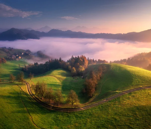 Aerial View Alpine Meadows Mountains Low Pink Clouds Colorful Sunrise — Stock Photo, Image