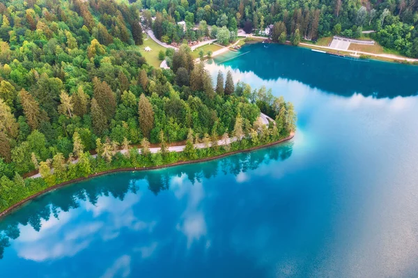 Letecký Výhled Silnici Modrého Jezera Zelený Les Při Východu Slunce — Stock fotografie