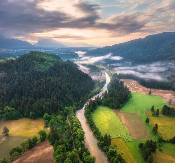 Aerial view of river in low clouds at sunrise in summer in Slovenia. Turns of river, green meadows and fields, grass and trees, rural road at dawn in spring. Top drone view of mountain countryside