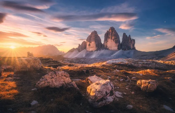 Klippor Och Stenar Vid Solnedgången Hösten Tre Cime Dolomiterna Italien — Stockfoto