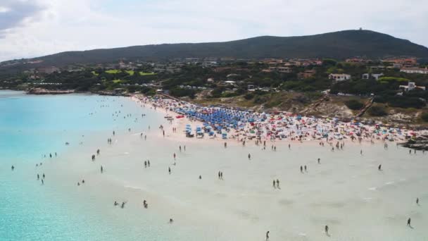阳光明媚的夏日 空中俯瞰着著名的拉佩罗沙海滩 意大利撒丁岛斯廷蒂诺俯瞰白色沙滩 游泳的人 清澈的蓝海 热带海景 — 图库视频影像