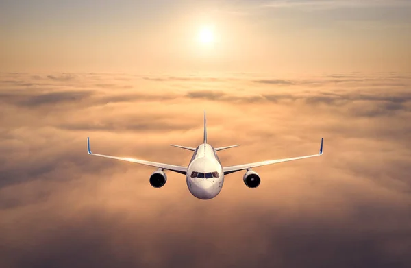 Airplane Flying Clouds Sunset Landscape Passenger Airplane Beautiful Clouds Golden — Stock Photo, Image