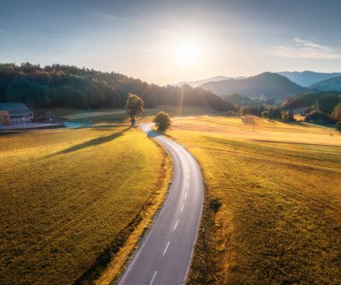 Sonbaharda günbatımında Alp çayırlarındaki yol manzarası. Kırsal yol manzarası, dağlar, sonbaharda orman. Ülke karayolu, portakal ağaçları, tepeler, Slovenya 'da sarı otlar bulunan renkli manzaralar