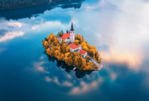 Vista Aérea Bela Igreja Edifícios Ilha Famoso Lago Bled Eslovênia — Fotografia de Stock