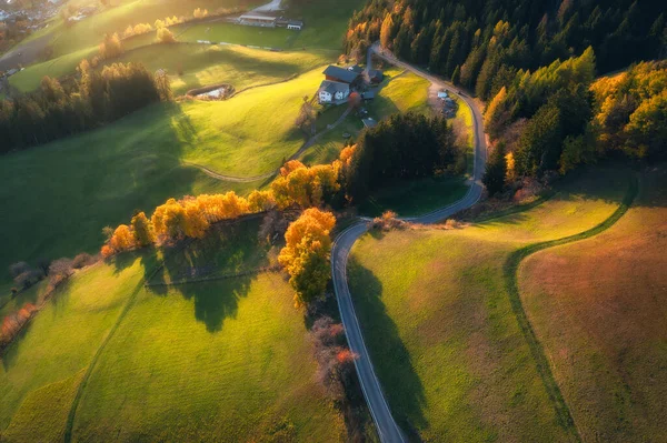 Aerial View Amazing Green Alpine Meadows Orange Trees Hills Buildings — Stock Photo, Image