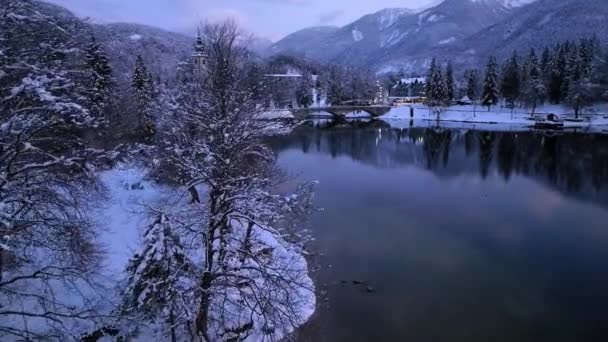 Vista Aérea Del Lago Bohinj Eslovenia Atardecer Invierno Vista Superior — Vídeos de Stock