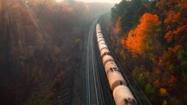 Sonbaharda gün doğumunda sislerin içinde renkli ormanlarda yük treninin hava görüntüsü. Sonbaharda ormanda yük arabalarıyla hareket halindeki trenin en iyi görüntüsü. Endüstriyel Demiryolu, portakal yapraklı sisli ağaçlar. Demiryolu.