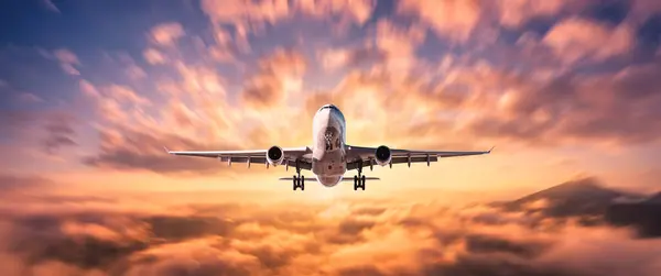Airplane Flying Clouds Sunset Summer Landscape Passenger Airplane Mountains Orange Stock Image