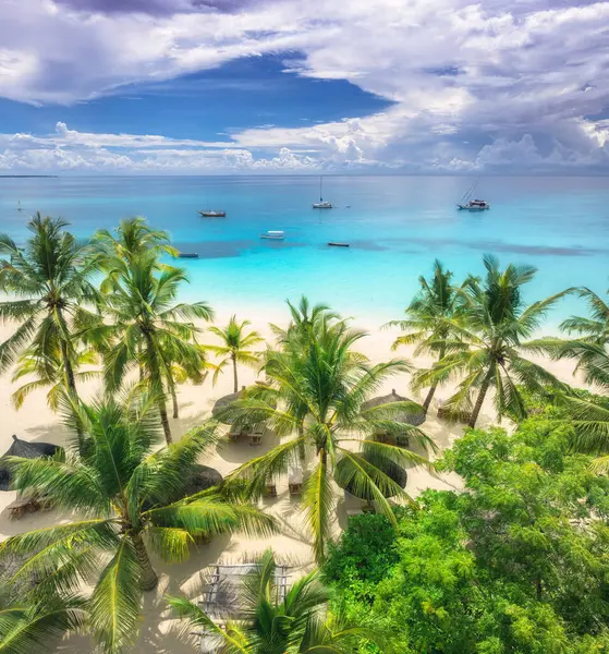Palmiye Ağaçları Şemsiyeler Yatlar Tekneler Mavi Okyanus Gün Batımında Bulutlu - Stok İmaj