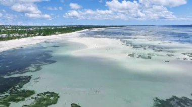 Dalgalar çekildiğinde adanın havadan görünüşü, okyanusta kumsal, beyaz kumlu plaj, insanlar, Zanzibar 'da güneşli bir yaz gününde mavi deniz. Üstten kumlu hava aracı manzarası, berrak su, bulutlu gökyüzü. Tropik