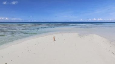 Okyanustaki kumsalda, beyaz kumlu sahilde, mavi denizde, güneşli bir yaz gününde Zanzibar 'daki Nakupenda adasında yürüyen genç bir kadının hava manzarası. Kız manzarası, kum tükürüğü, su, gökyüzü