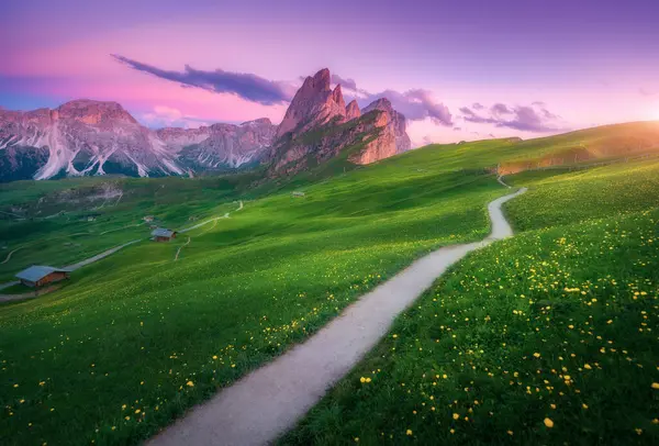 stock image Seceda mountain at beautiful sunset in summer in Dolomites, Italy. Colorful landscape with mountain peaks, rocks, alpine meadows, trail, green grass, purple sky at dusk. Hiking in Alps. Landscape