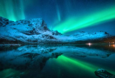 Karlı dağların üzerinde Aurora borealis, donmuş deniz, kış gecelerinde suda yansıma. Lofoten, Norveç. Kuzey ışıkları ve karlı kayalar. Kutup ışıkları, yıldızlı gökyüzü ve fiyortlu manzara. Manzara