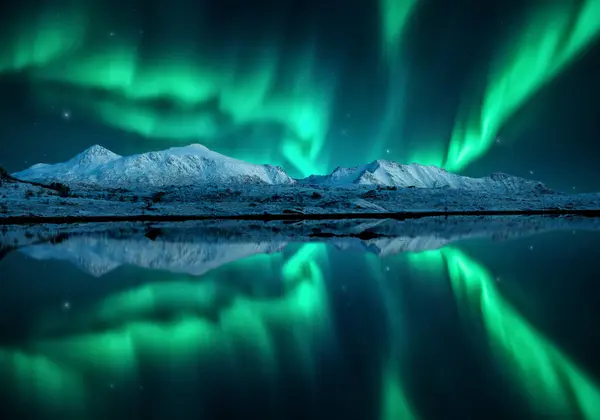 Kuzey ışıkları karlı dağların üzerinde, deniz geceleri Lofoten, Norveç 'te suda yansıyor. Aurora borealis ve karla kaplı kayalar. Kutup ışıkları ve fiyortlu kış manzarası. Yıldızlı gökyüzü