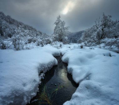 Karlı bir vadide kıvrılan küçük bir nehir, soğuk kış gününde karla kaplı ağaçlar ve çalılar, bulutlu bir gökyüzü. Hırvatistan 'ın Plitvice Gölleri' nde kış masalı. Su akıntısı, kar, karlı orman manzarası