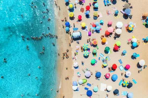 Kumlu sahildeki renkli şemsiyeler, güneşli yaz günlerinde mavi denizde yüzen insanlar. Sardunya, İtalya. Berrak gök mavisi suyu olan tropik bir yer. Seyahat ve tatil. Deniz kenarının üst görünümü
