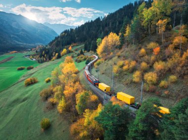 Sonbaharda günbatımında İsviçre Alp Vadisi 'nde sarı yük arabalarıyla modern kırmızı trenin hava manzarası. Bernina Ekspres treni, dağlar, yeşil çayırlar, sonbaharda sarı ağaçlar. Demiryolu seyahati