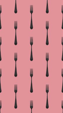 Desen. Pastel mor arkaplanda çatal üst görünümü. Yüzeye başvurmak için şablon. Dikey görüntü. Düz yatıyordu. 3 boyutlu görüntü. 3B görüntüleme.