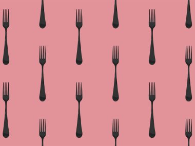 Desen. Pastel mor arkaplanda çatal üst görünümü. Yüzeye başvurmak için şablon. Yatay görüntü. Düz yatıyordu. 3 boyutlu görüntü. 3B görüntüleme.