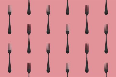 Desen. Pastel mor arkaplanda çatal üst görünümü. Yüzeye başvurmak için şablon. Yatay görüntü. Düz yatıyordu. 3 boyutlu görüntü. 3B görüntüleme.