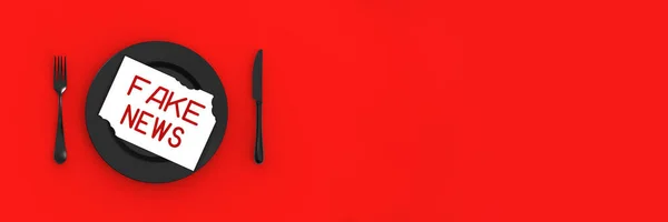 Isırılmış bir kağıt parçasındaki sahte haber. Yalanların özümsenmesi. Tabakta kağıt var. Sahte konsept. Bölgeye yerleştirme pankartı. Yatay görüntü. 3 boyutlu görüntü. 3B görüntüleme