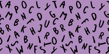 Klavye sembolleri ile şablon. Bir dizi mektup. Yüzey şablonu. Pastel menekşe mor arka plan. Siteye eklenmek için pankart.