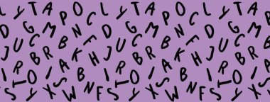 Klavye sembolleri ile şablon. Bir dizi mektup. Yüzey şablonu. Pastel menekşe mor arka plan. Siteye eklenmek için pankart.