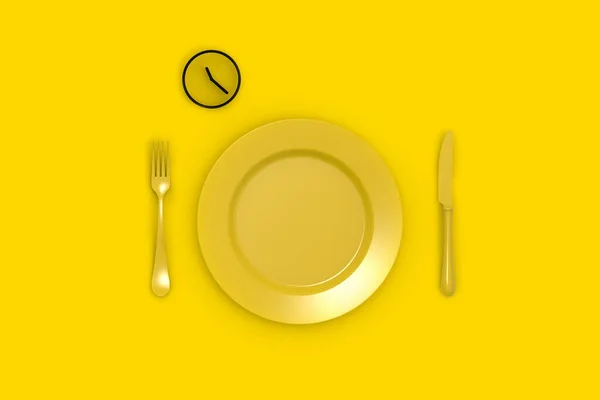减肥的概念 饭量依时间表而定 盘子里的钟横向图像 3D图像 3D渲染 — 图库照片
